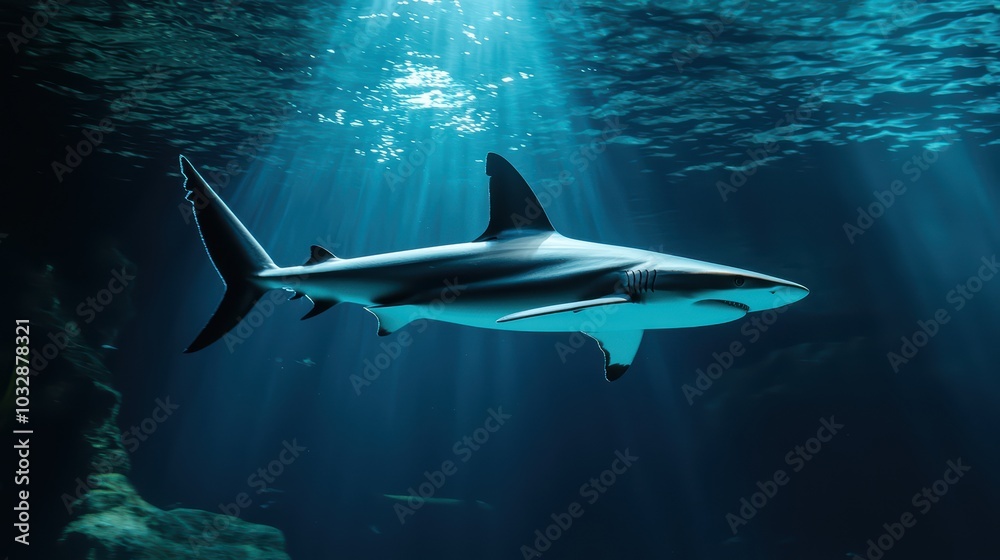 Fototapeta premium A sleek shark swims gracefully underwater, illuminated by soft beams of sunlight piercing through the ocean surface.