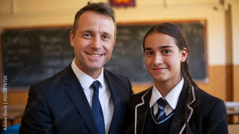 Smiling teacher and student in classroom, showcasing positive educational environment and mentorship success Smiling teacher and student in classroom, showcasing positive educational environment and mentorship success