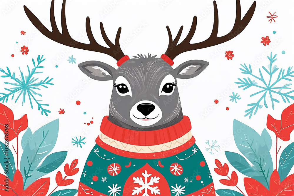 Stylish deer in a festive sweater surrounded by holiday decorations and snowflakes