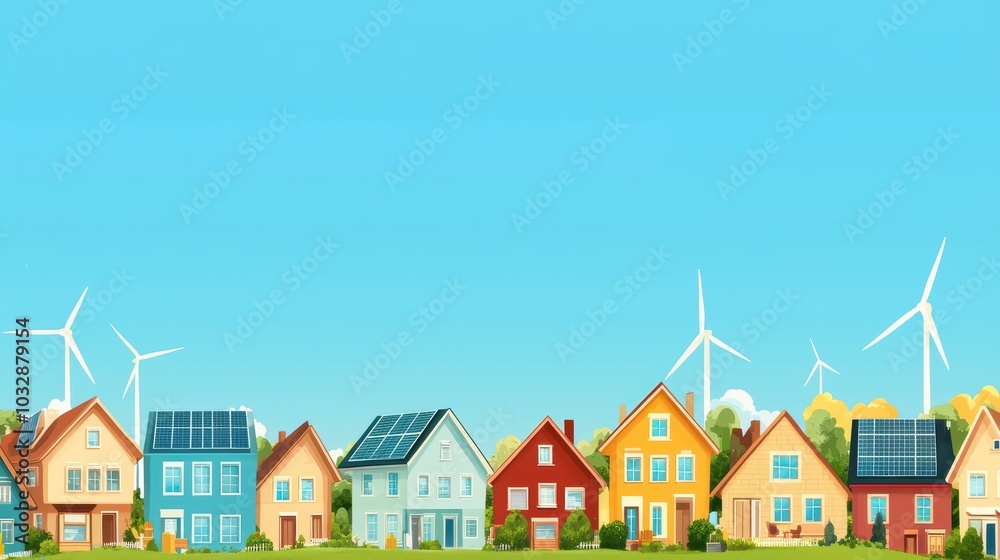Colorful houses with solar panels and wind turbines against a blue sky.