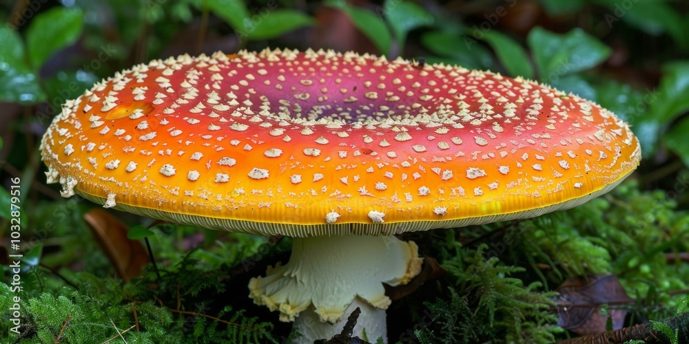 Fototapeta premium Vibrant red and orange fly agaric mushroom stands tall amidst green foliage, glistening with raindrops, showcasing nature’s beauty and potential dangers of foraging in fall season.