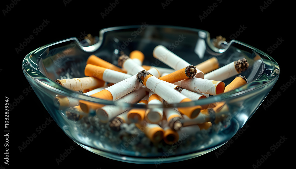 leftover cigarettes in a glass ashtray isolated with white highlights, png leftover cigarettes in a glass ashtray isolated with white highlights, png