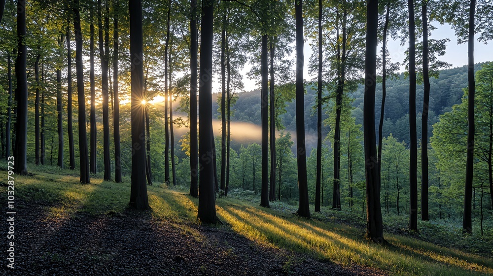 Fototapeta premium Sunbeams illuminate a forest, casting long shadows.