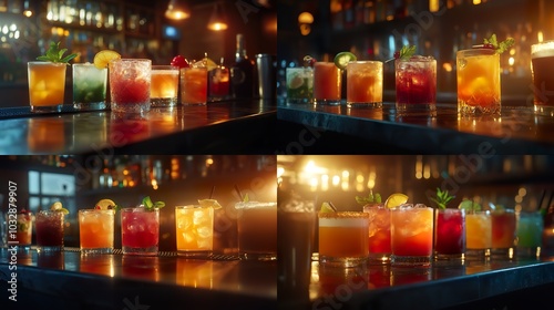 A row of crafted cocktails on a bar counter, with their vibrant colors contrasting against a dark, polished bar top. Soft light from above highlights the drinka??s details