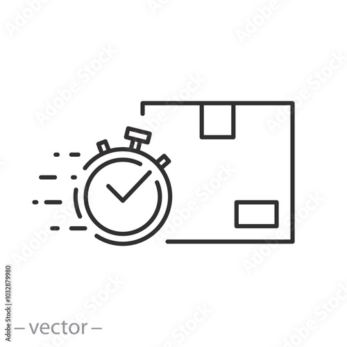 fast delivery icon, box with stopwatch, thin line vector illustration