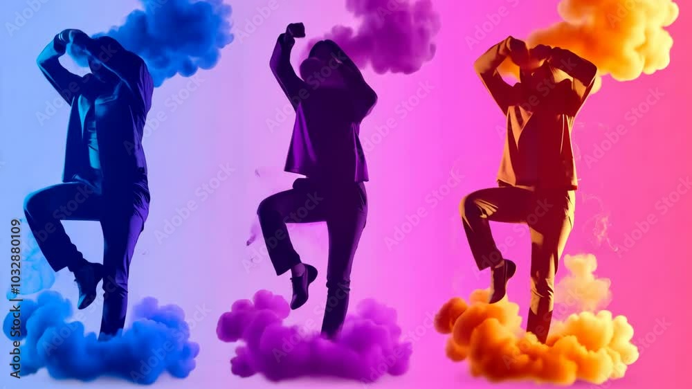 Three figures dance in a colorful smoke cloud