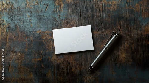 A textured business card lying flat on a rustic wooden surface with a minimalistic pen placed beside it. The scene is softly lit for a professional look