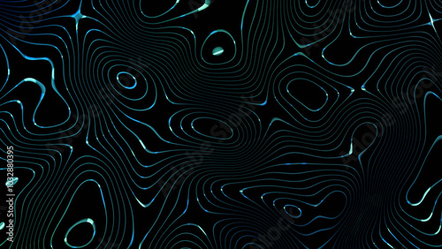 Wavy, glowing lines in teal and blue form abstract contours, evoking a futuristic and fluid design aesthetic