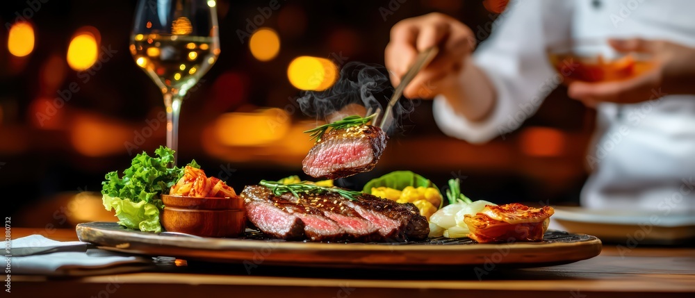 Sizzling steak served with fresh vegetables and a glass of wine in an elegant dining setting. Sizzling steak served with fresh vegetables and a glass of wine in an elegant dining setting.