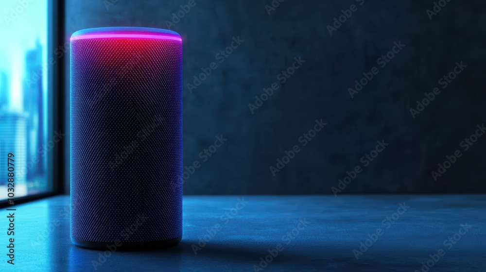 Smart speaker with colorful light on a modern table against a dark background, perfect for digital home automation themes. Smart speaker with colorful light on a modern table against a dark background, perfect for digital home automation themes.