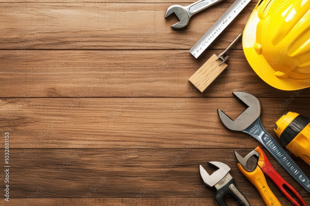 Various tools and a hard hat on a wooden surface, ready for construction or repair tasks. Various tools and a hard hat on a wooden surface, ready for construction or repair tasks.