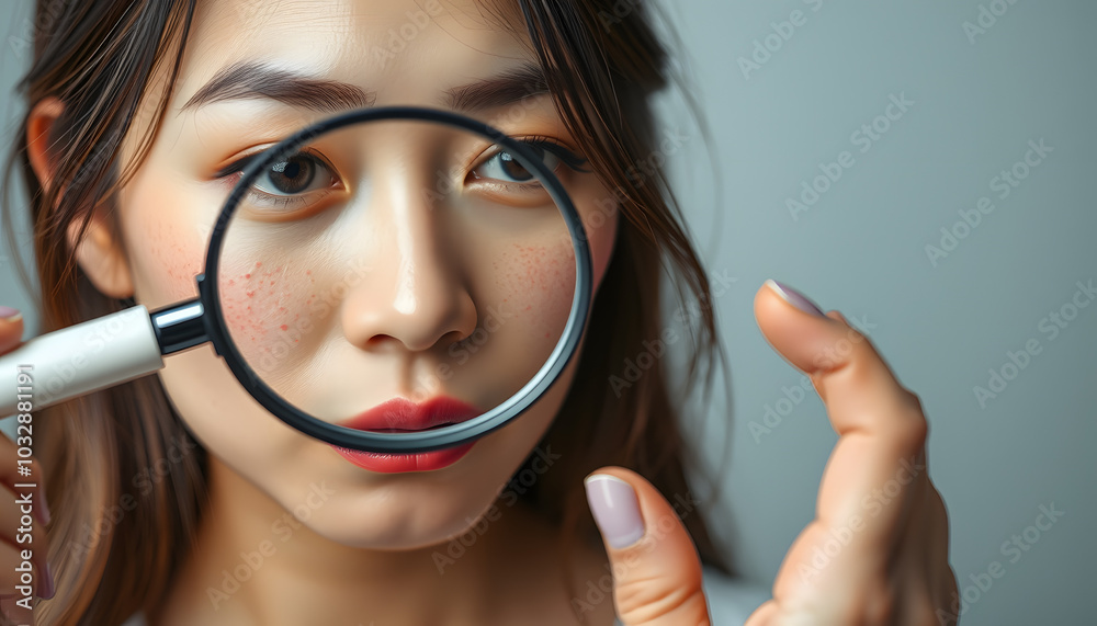 skin problem and beauty of asian girl. Dermatologist use magnifying glass look itchy skin from skin allergic, steroid allergy, sensitive skin, chemical allergy, rash, insect bites, Dermatitis isolat skin problem and beauty of asian girl. Dermatologist use magnifying glass look itchy skin from skin allergic, steroid allergy, sensitive skin, chemical allergy, rash, insect bites, Dermatitis isolat