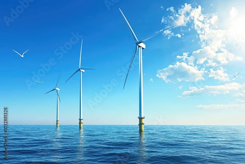 Wind turbines in a serene ocean setting under a bright blue sky, symbolizing renewable energy and sustainable development.