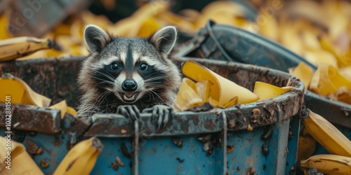 Raccoon peeking out of a trash can surrounded by banana peels. photo