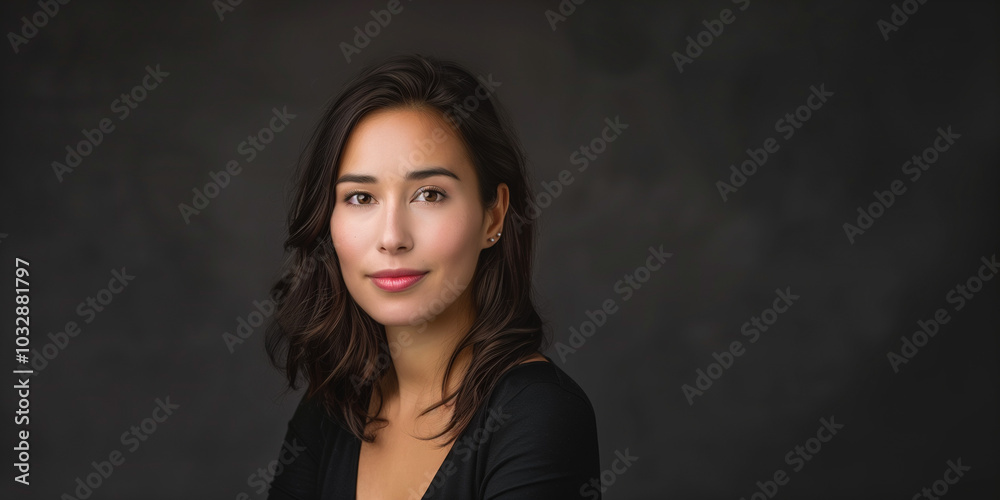 Elegant Portrait of a Young Woman with Natural Beauty Against a Dark Background Elegant Portrait of a Young Woman with Natural Beauty Against a Dark Background