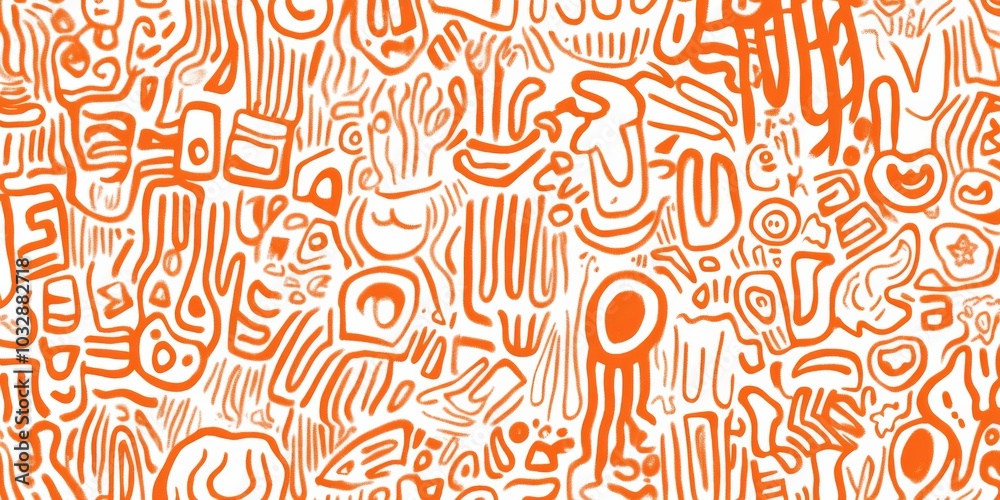 orange and white line drawing, repeating pattern of doodles 