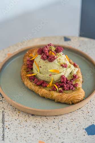 Croissant with pistachio ice cream and dried raspberries
