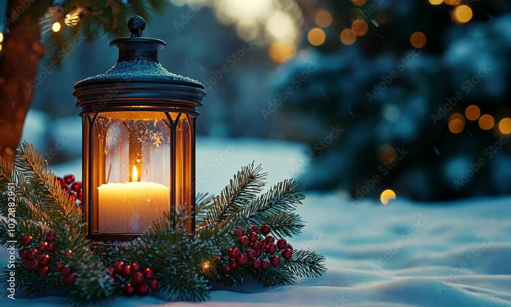 Festive 3D lantern with a glowing candle inside, surrounded by a wreath of pine branches and berries, casting soft shadows on the snow Festive 3D lantern with a glowing candle inside, surrounded by a wreath of pine branches and berries, casting soft shadows on the snow