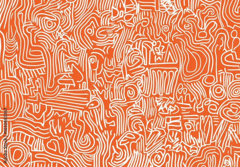 orange and white line drawing, repeating pattern of doodles orange and white line drawing, repeating pattern of doodles