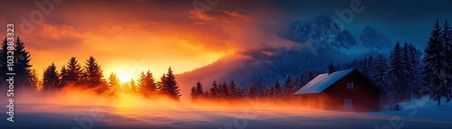 Christmas Background, Winter Wonderland, Stunning sunset over snowy landscape with cabin and pine trees, misty atmosphere.