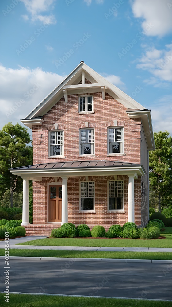 Brick House with White Columns and Green Lawn Brick House with White Columns and Green Lawn