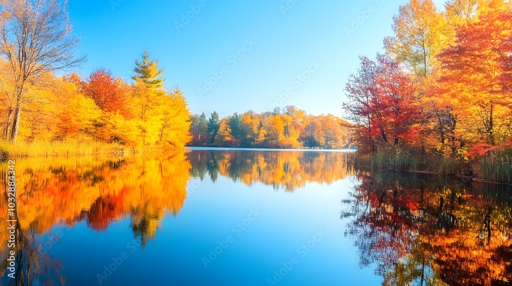 A Tranquil Lake Reflecting Autumn Trees, With Colorful Foliage and a Clear Blue Sky A Tranquil Lake Reflecting Autumn Trees, With Colorful Foliage and a Clear Blue Sky