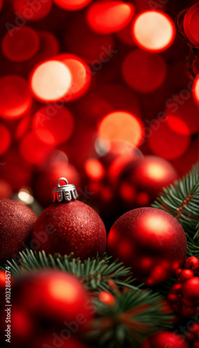 Red Christmas Background. Screensaver for smartphone. Bokeh effect