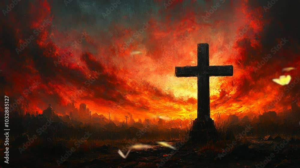 A striking image of a cross amidst raging flames in a desolate landscape at twilight. seamless looping animation background A striking image of a cross amidst raging flames in a desolate landscape at twilight. seamless looping animation background