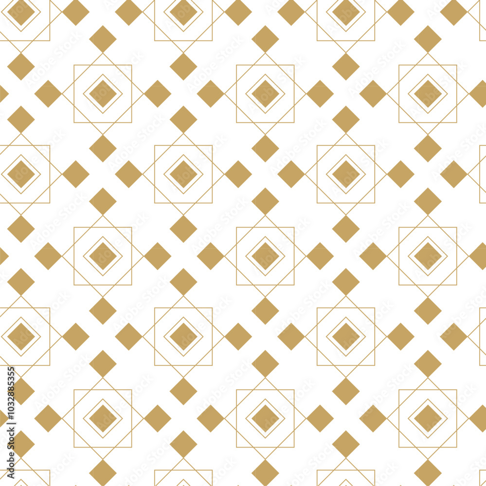 Abstract geometric pattern with squares, stripes, lines. Seamless vector background. White and gold ornament. Modern graphic design.