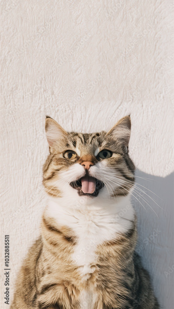 Close-Up of a Tabby Cat Mid-Yawn or Meowing, Sitting on a Stucco Wall Close-Up of a Tabby Cat Mid-Yawn or Meowing, Sitting on a Stucco Wall