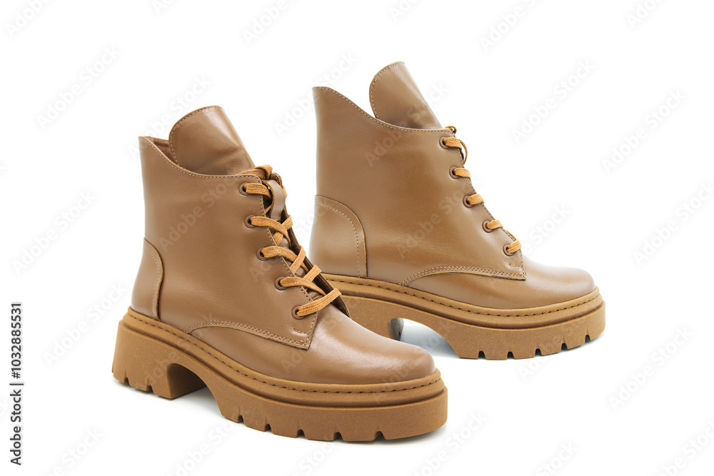 Fashionable leather lace-up boots isolated on white background. View from all sides. Fashionable leather lace-up boots isolated on white background. View from all sides.