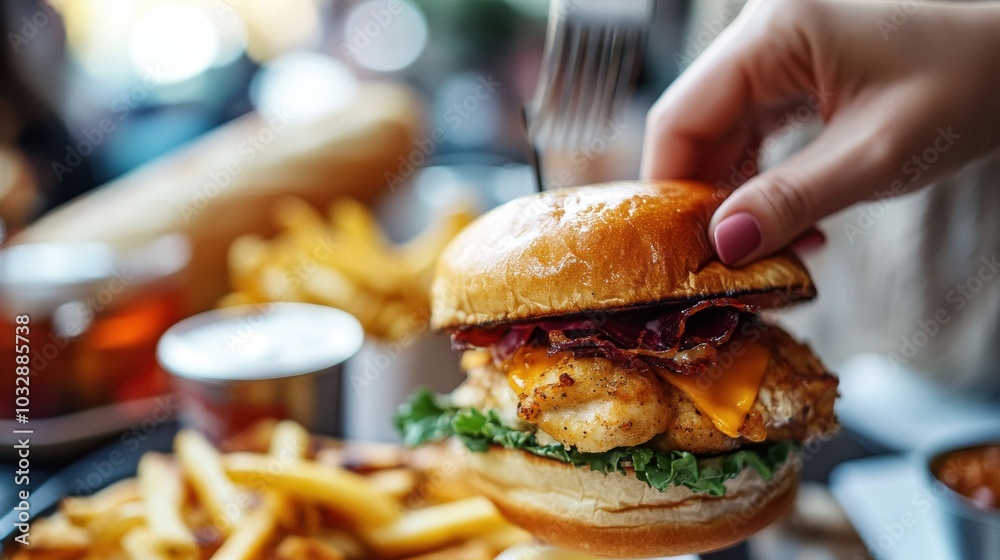 Close-up of chicken leg in bun with fries and burger on table, commercial food photography Close-up of chicken leg in bun with fries and burger on table, commercial food photography