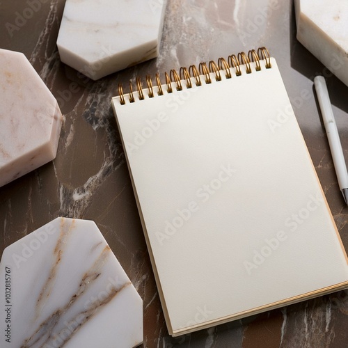 Notebook and a ballpoint pen; objects marble plates photo