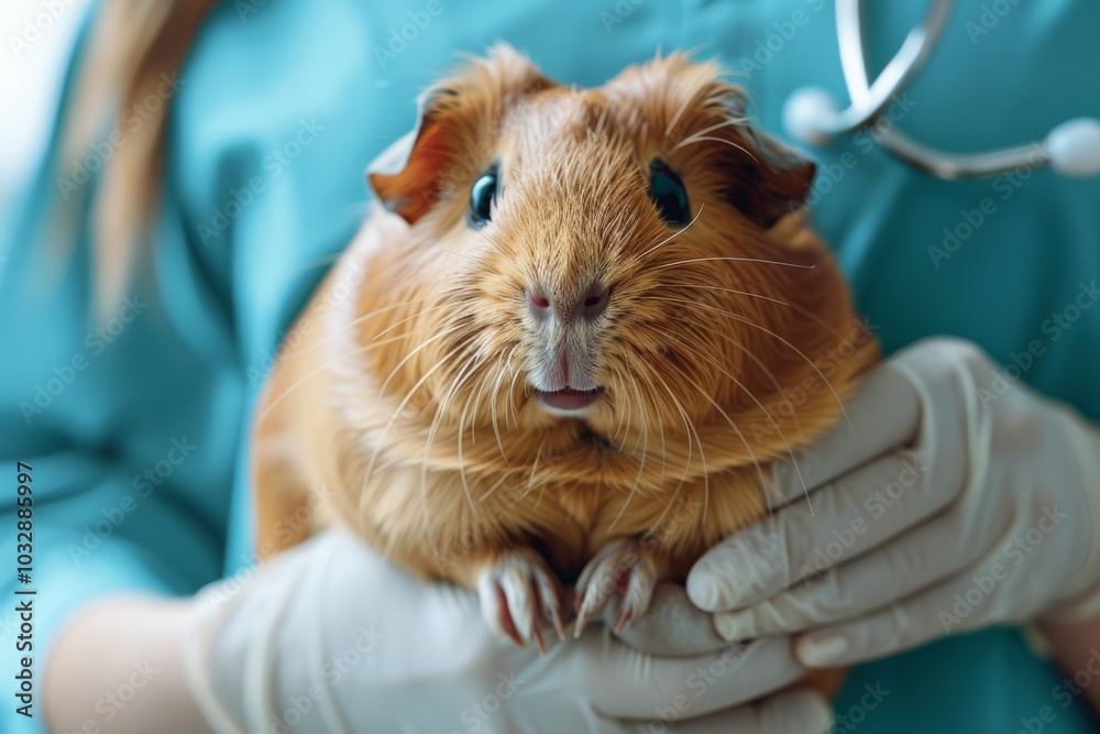 Close-up of a guinea pig being held by a veterinarian in gloves. Animal care and health concept. Close-up of a guinea pig being held by a veterinarian in gloves. Animal care and health concept.