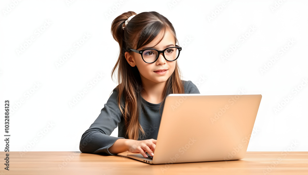 Girl wearing glasses sitting at table, using laptop isolated with white highlights, png Girl wearing glasses sitting at table, using laptop isolated with white highlights, png