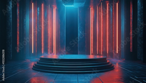 3D Futuristic Podium with Glowing Lights in a Digital Room