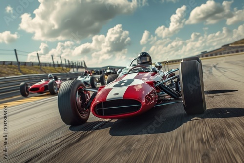 Vintage race car on track during competition. Dynamic motorsport photography for racing and speed concept.
