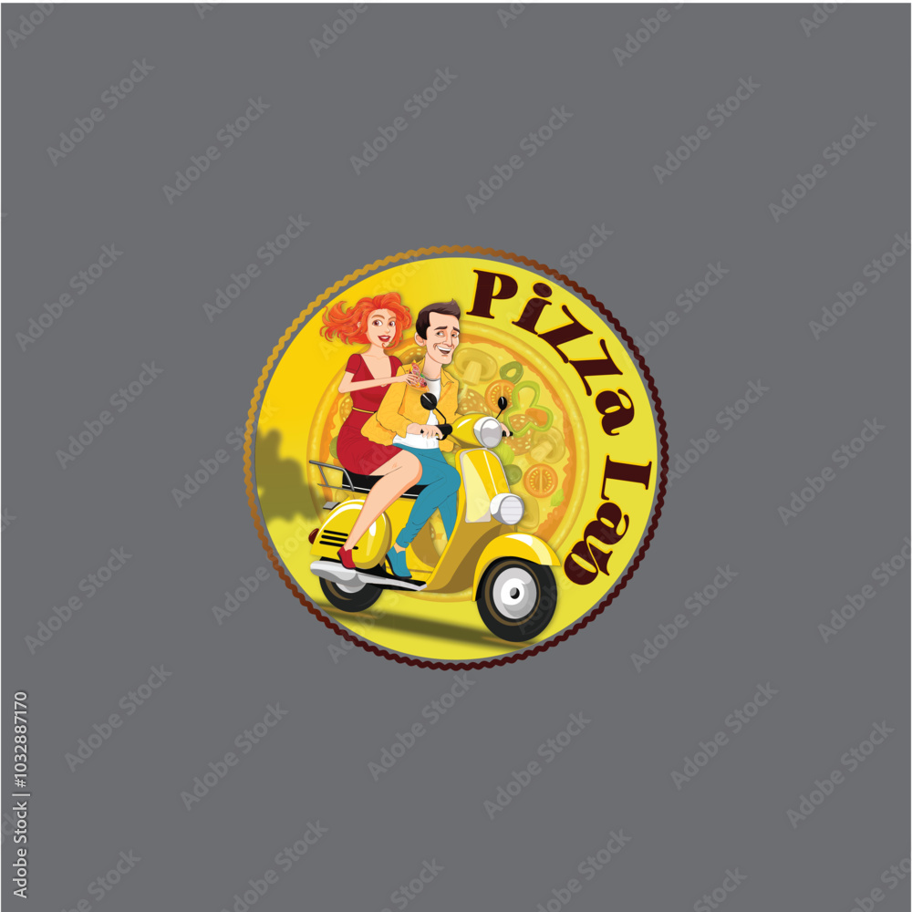 a couple on yellow vespa with pizza vector art illustration a couple on yellow vespa with pizza vector art illustration