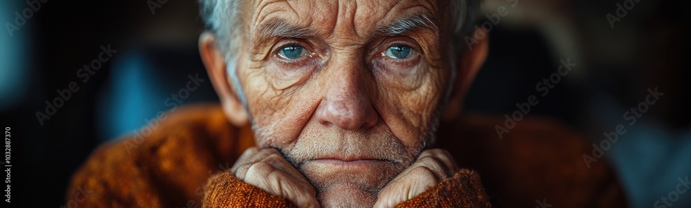 Older man with wrinkles and blue eyes looking at camera Older man with wrinkles and blue eyes looking at camera