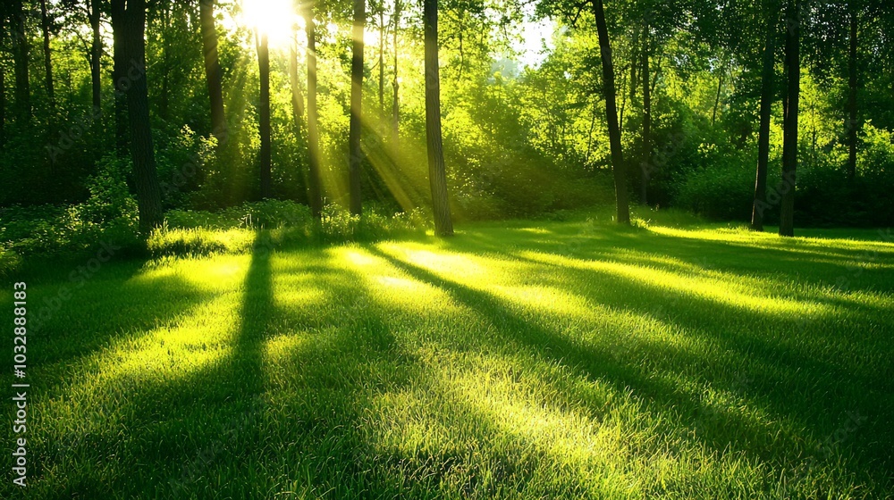 Sunbeams through trees in a forest clearing. Sunbeams through trees in a forest clearing.