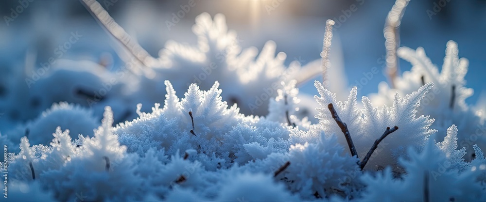 A close up of snow covered branches with the sun shining on them. Concept of tranquility and peacefulness, as the snow-covered branches and the sun create a serene and calming atmosphere A close up of snow covered branches with the sun shining on them. Concept of tranquility and peacefulness, as the snow-covered branches and the sun create a serene and calming atmosphere