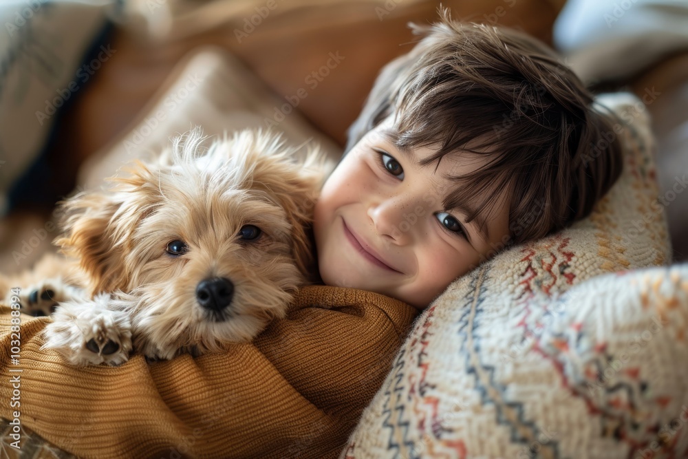 Smiling boy hugging dog on couch. Friendship and pet care concept. Smiling boy hugging dog on couch. Friendship and pet care concept.