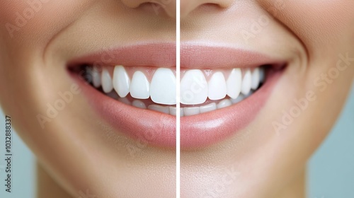 Close-up of a woman's smile before and after teeth whitening.