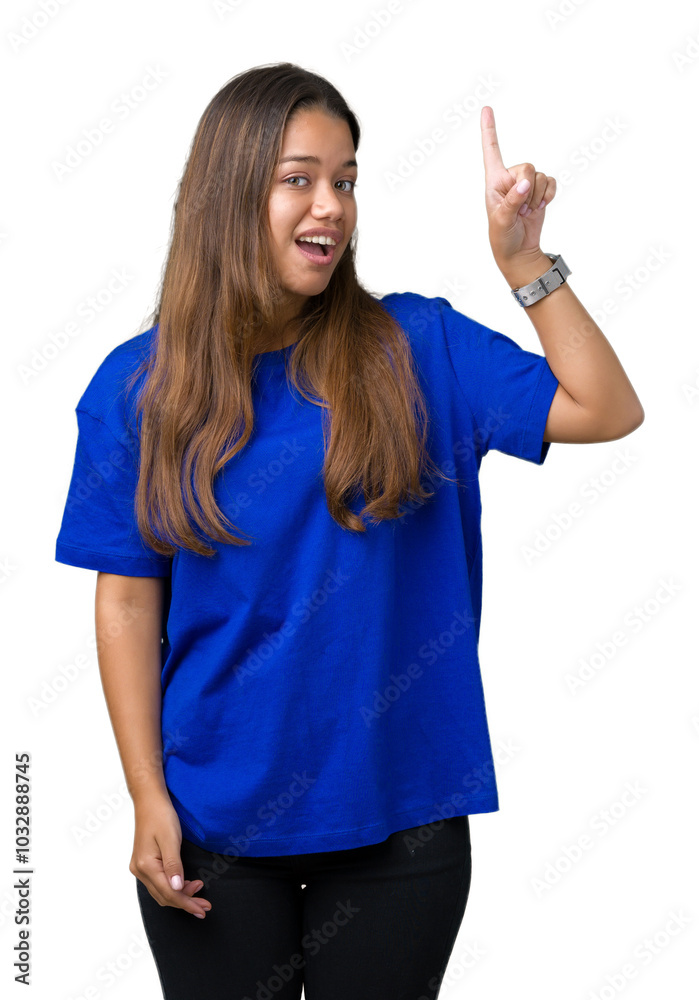 Young beautiful brunette woman wearing blue t-shirt over isolated background pointing finger up with successful idea. Exited and happy. Number one. Young beautiful brunette woman wearing blue t-shirt over isolated background pointing finger up with successful idea. Exited and happy. Number one.