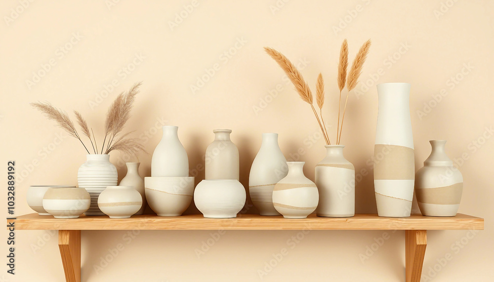 Collection of elegant ceramic vases with pampas grass, artfully arranged on a wooden shelf. Neutral tones create a calming and minimalist aesthetic, perfect for interior design inspiration.

