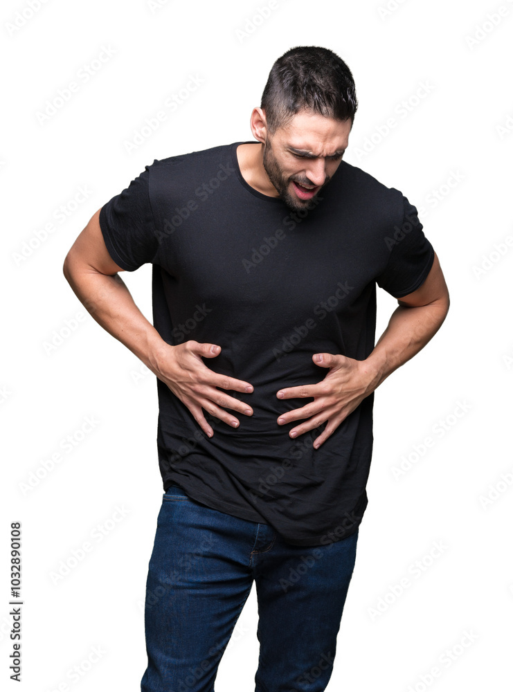 Young handsome man over isolated background with hand on stomach because indigestion, painful illness feeling unwell. Ache concept. Young handsome man over isolated background with hand on stomach because indigestion, painful illness feeling unwell. Ache concept.