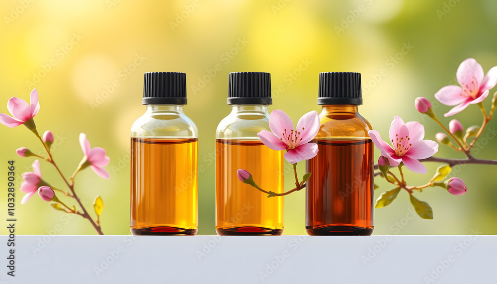 Panoramic header of three essential oil bottles with pink blossoms isolated with white highlights, png Panoramic header of three essential oil bottles with pink blossoms isolated with white highlights, png