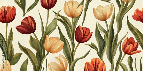 A vibrant pattern of blooming tulips in red, orange, and yellow hues. This floral design captures the beauty of spring. Ideal for textiles, wallpaper, and décor. AI