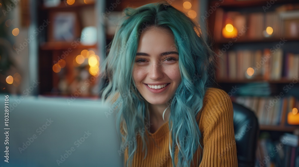 happy young woman with blue hair working remotely online at home happy young woman with blue hair working remotely online at home