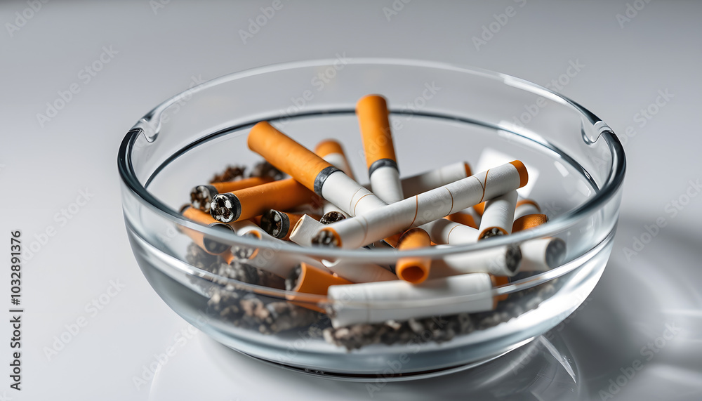 leftover cigarettes in a glass ashtray isolated with white highlights, png leftover cigarettes in a glass ashtray isolated with white highlights, png